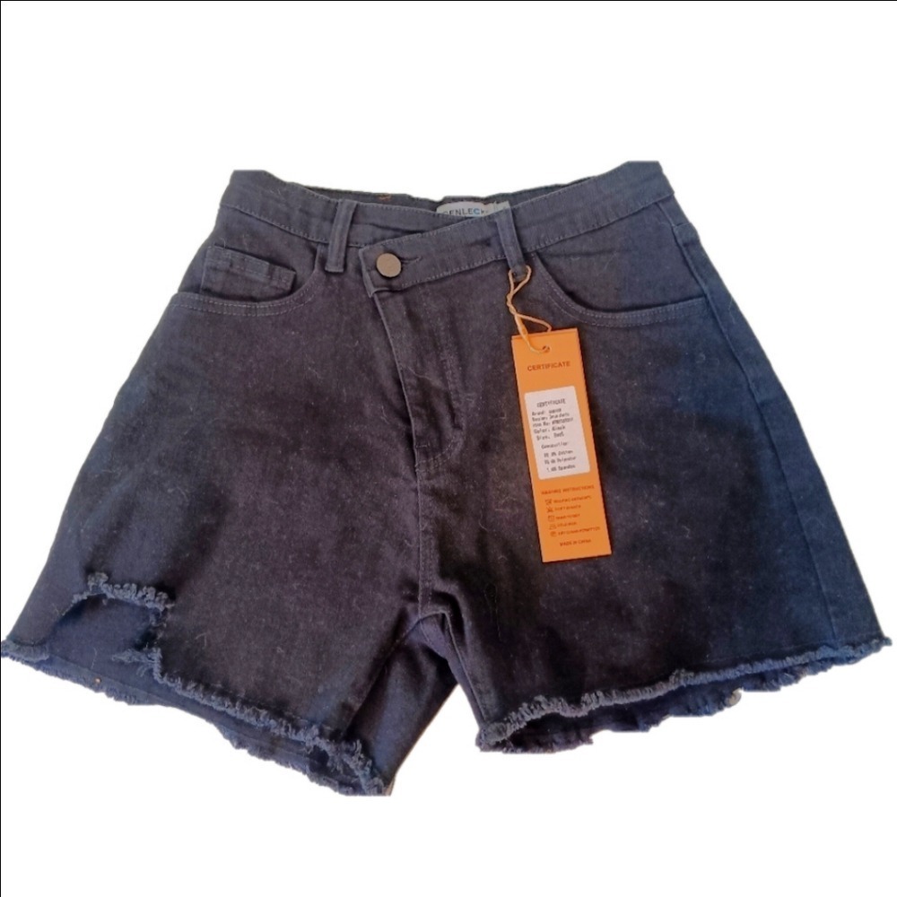 Genleck Denim Shorts Women Small Black Asymmetrical Crossover Raw Hem Distressed